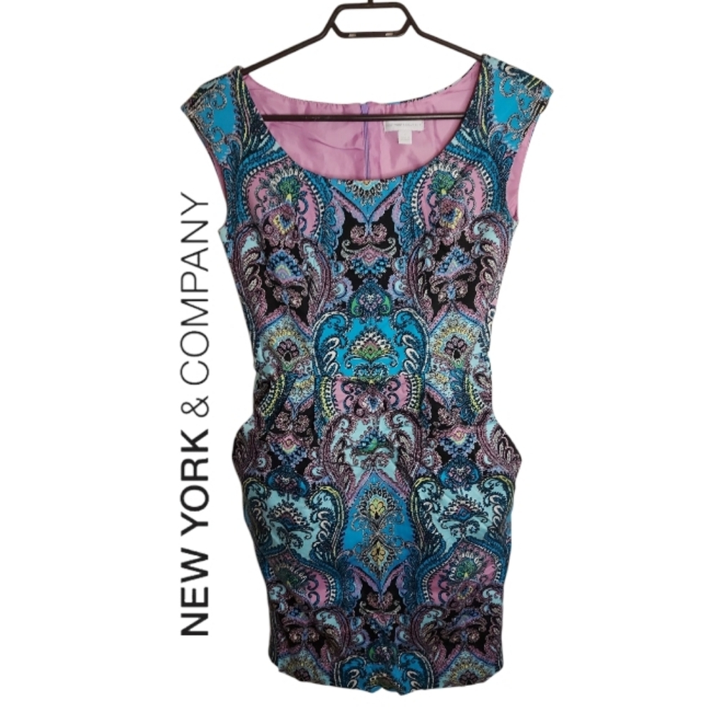 New York Company Teal Purple Blue Green Yellow Paisley Sleeveless Dress